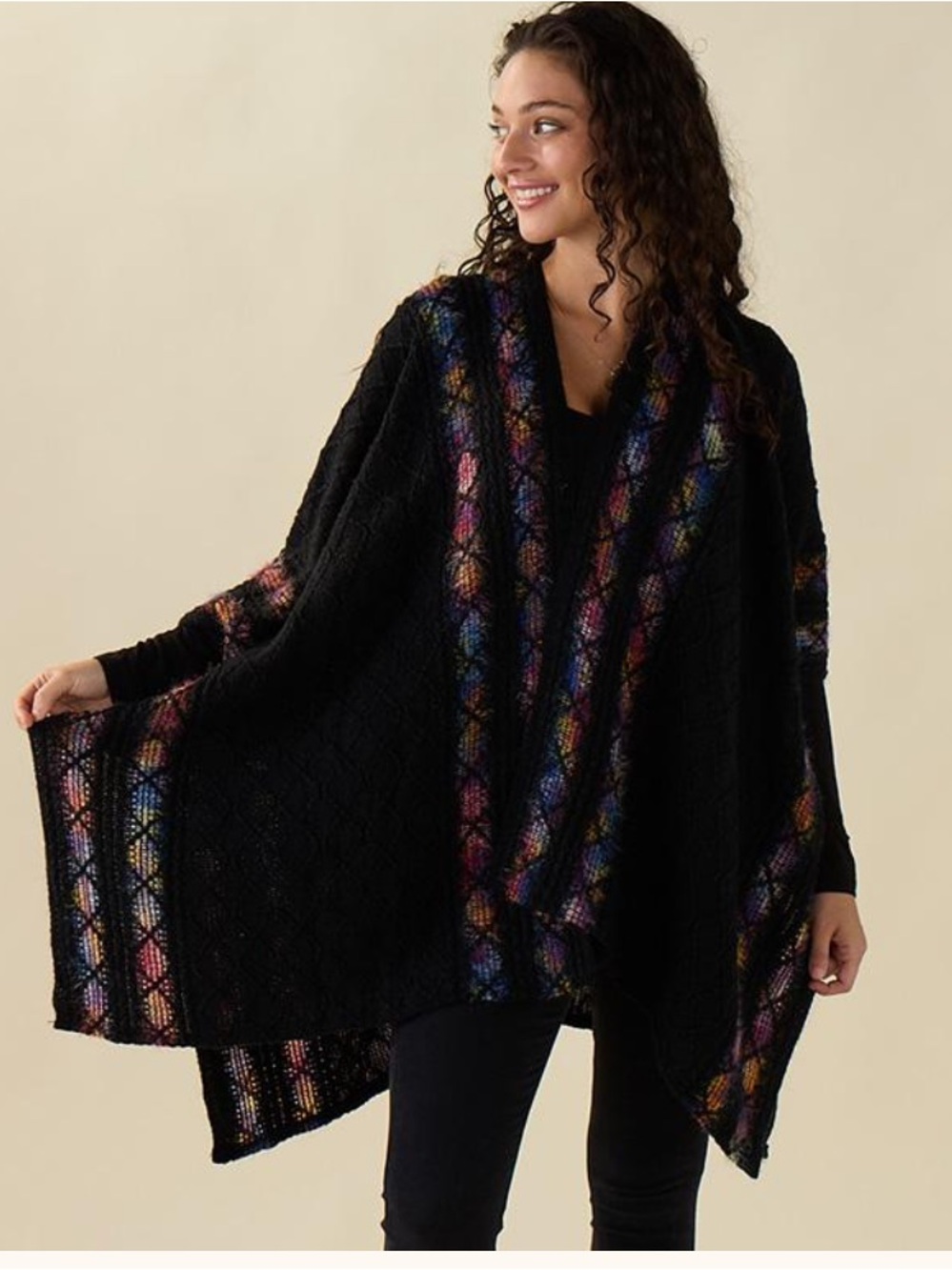 Open Front Black Diamond Pattern Shawl, Colorful Diamond Trim & Eye & Hook Close